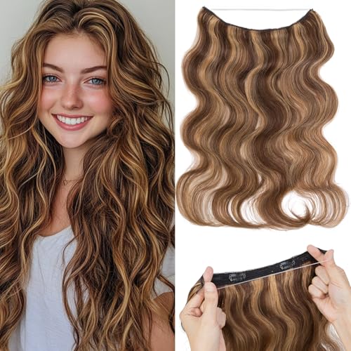 Rich Choices 100% Real Human Halo Hair Extensions Wave Remy Invisible Wire In Hair Extensions Human Hair Clip in Hair Piece 20 Inch #4P27 Medium Brown Mixed Dark Blonde