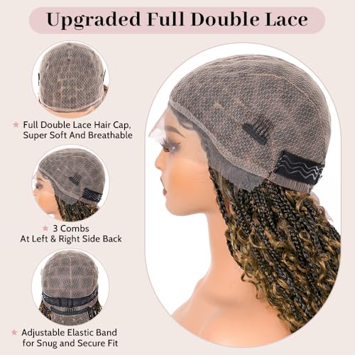 Boho Box Braided Wigs for Black Women Glueless Double Full Lace Human Hair Blended Lightweight Hand Braid Wig with Baby Hair (4-#27, 30 In)
