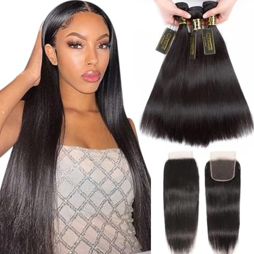 QTHAIR 16A Virgin Hair Brazilian Straight Hair Bundles with 4X4Lace Closure (12'' 14'' 16''+10'') 100% Unprocessed Straight Brazilian Virgin Hair Weave Natural Color