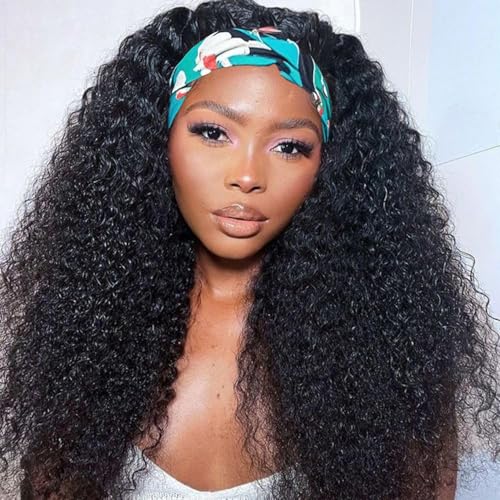 Headband Wig Human Hair Kinky Curly Human Hair Wigs for Black Women Curly Half Wig None Lace Front Wigs 150% Density 28 Inch Brazilian Virgin Hair Natural Color
