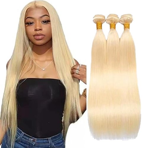 613 Bundle Human Hair Bundles Blonde 16 18 20 Inch Blonde 613 Color Straight Bundles Human Hair Blonde Bundle Unprocessed Brazilian Virgin Quick Weave Hair for Black Women