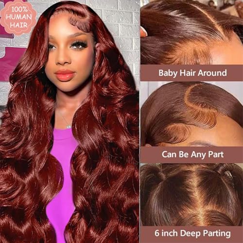 220 Density Reddish Brown Lace Front Wigs Human Hair 13x6 Body Wave Lace Front Wigs Pre Plucked with Baby Hair for Women 100% Human Hair Auburn Colored HD Lace Frontal Wigs 22 Inch