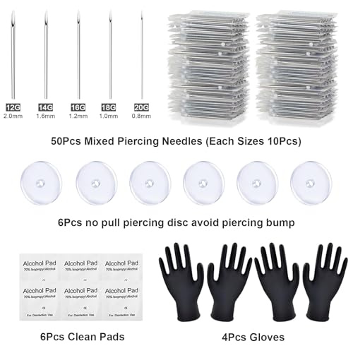 Body Piercing Kit 66PCS Professional Piercing Kit Includeds 50Mixed 12G 14G 16G 18G 20G Ear Nose Piercing Needles 6no pull piercing disc 6Clean Tools 4Gloves for Ear Nose Piercing Kit