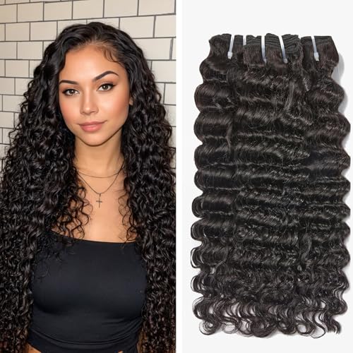 Wequeen 16A Deep Wave Human Hair Bundles 18 20 22 Inch 100% Unprocessed Brazilian Virgin Hair Quick Weave Bundles Human Hair Extensions Real Human Hair, Natural Black