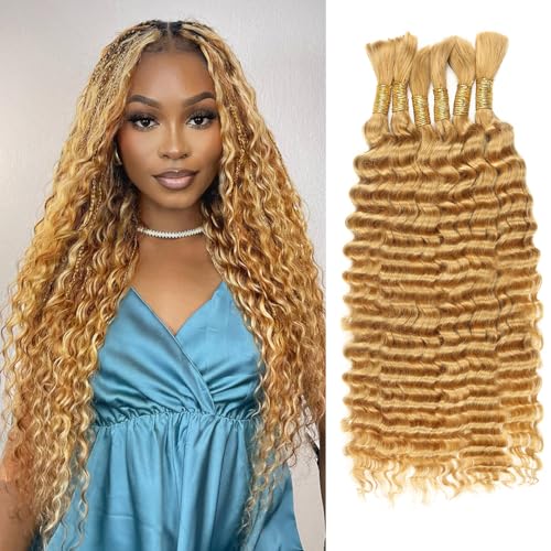 Human Braiding Hair 150g 24 Inch Boho Braids Human Hair Deep Wave Blonde Boho Hair For Braiding 6 Bundles/Pack No Weft Boho Human Braiding Hair Curly 27#