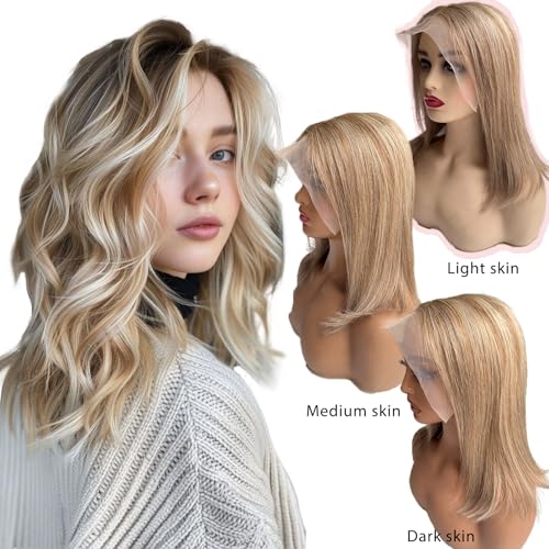 Belaved 8T860 16 Inch Ombre Bob Wig Human Hair Highlight Brown to Blonde 13¡¿6 Glueless HD Lace Front Bob Wigs with Baby Hair Free Part Pre Plucked Hairline Straight Bob Wig Human Hair for White Women