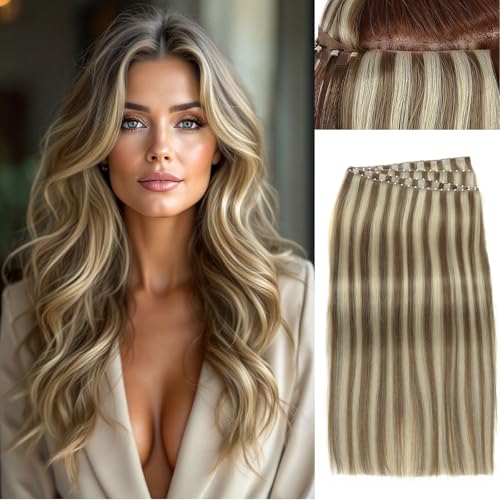 WIGER Genius Hair Extensions Real Human Hair Double Layer Hair Extensions Golden Brown Invisible Scalp-simulated Remy Human Hair With Highlights 100g Glueless Twin Tabs Piano Blonde PU Skin Weft