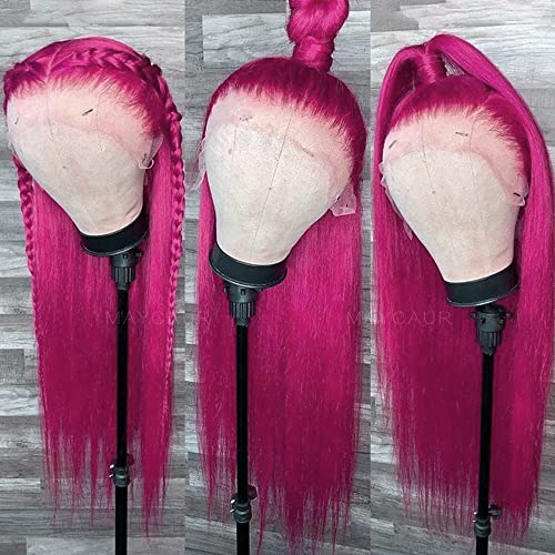 Maycaur Long Straight Hot Pink Lace Front Wigs Pre Plucked Hairline Glueless Hair Rose Red Synthetic Lace Front Wigs for Fashion Women Heat Resistant Fiber