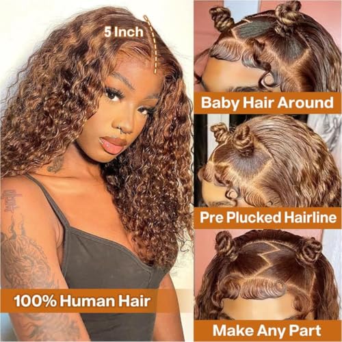 Highlight Deep Wave 5x5 HD Lace Closure Wigs Human Hair Glueless P4/27 Ombre Lace Closure Wig for Black Women 180 Density Honey Blonde Closure Wigs Pre Plucked 28 Inch