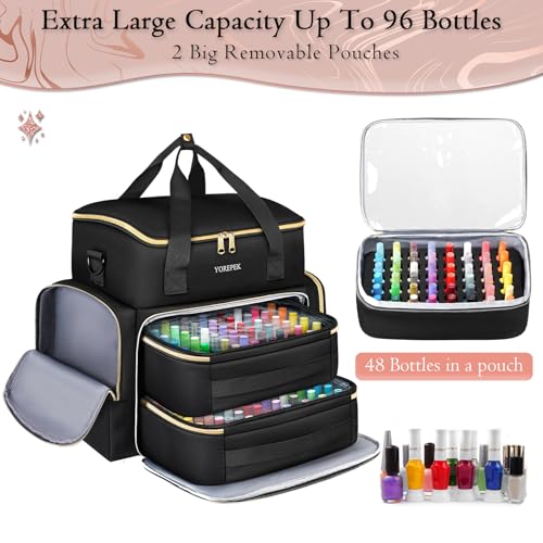 YOREPEK Extra Large Nail Polish Organizer Case Holds 96 to 100+ Bottles (15ml/0.5 fl.oz) UV lamp, Gel Polish Travel Case Bag with 2 Removable Pouches Fits Nail Suppiles, Gift for Manicurist, Girls
