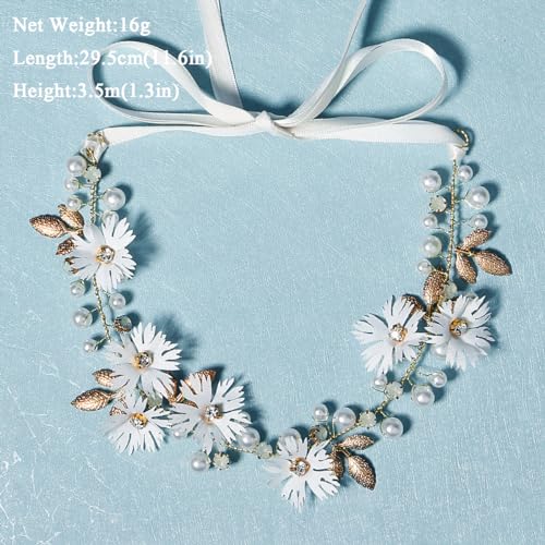 2 PCS Daisy Pearl Flower Vine Rhinestones Headband, Flower Headband Floral Hair Wreath Headpiece for Bridal Women Girls Hippie Wedding Party