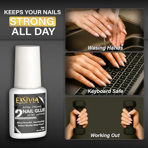 Super Strong Nail Glue for Press On Nails, Acrylic Nails & Nail Tips (10ml) Exsivia 2nd Gen NailBond for Fake Nails, Extra Strength,Long Lasting, Brush on Adhesive, No Dehydrator or Primer Needed