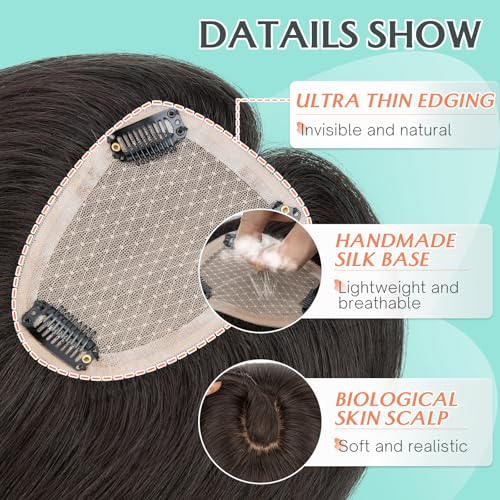 Benehair Hair Toppers for Women Real Human Hair 9 * 12CM Silk Base Hair Pieces No Bangs 150% Density for Thinning 100% Remy Hairpieces for Women Natural Black 12 Inch
