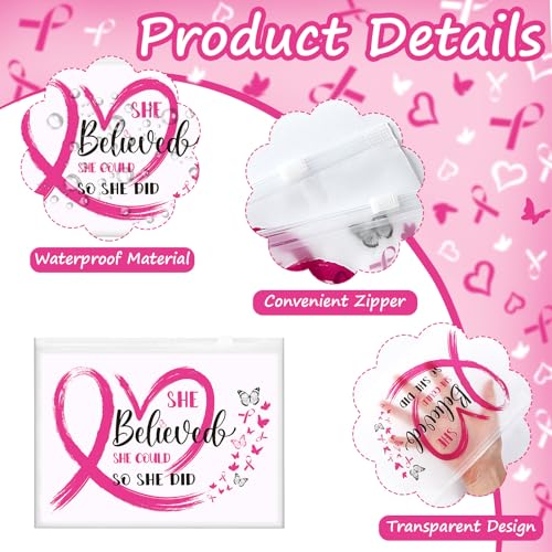 Jansun 50 Pcs Breast Cancer Awareness Make up Bag Pink Ribbon Cosmetic Bags Zipper Travel Toiletry Bag Breast Cancer Survivor Gifts for Woman Girls Charity