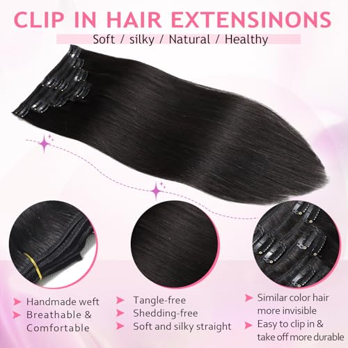 Clip in Hair Extensions Real Human Hair,100% Brazilian Remy Human Hair Clip ins for Women, Straight Seamless Double Weft Hair Extensions, Invisible 8pcs, 14 Inch 80g, #1B Natural Black
