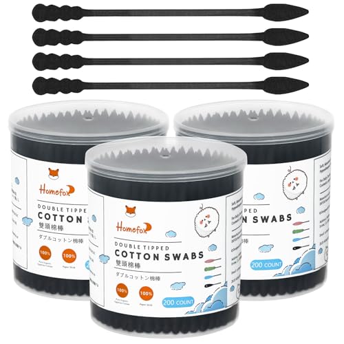 Black Cotton Swabs Spiral Pointed - 600 Count Organic Cotton Buds Charcoal Gothic Double Side Tightly Wrapped Precision Cotton Tips Paper Stick Soft Gentle Lint-Free, Spiral & Pointy (Black)