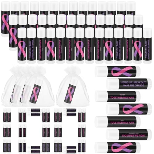 Fumete 100 Pcs Domestic Violence Awareness Items Lip Balm Bulk Pink Ribbon and Purple Ribbon Breast Cancer Awareness Moisturizer and Nourishing Lip Balm Gifts for Women Party Supplies, 4 Scents
