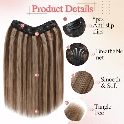 One Pieces Clip in Hair Extensions Human Hair Upgraded V-Shaped 5 Clips Long Hairpiece For Women,4P27 Medium Brown mixed Dark Blonde 20 Inch,70g