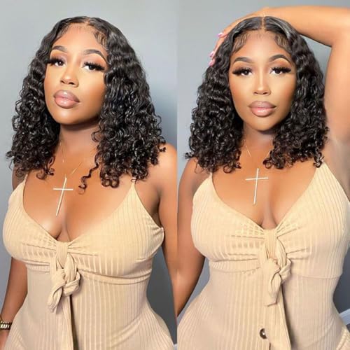 Wear and Go Glueless Wigs Human Hair Pre Plucked Pre Cut 5x5 HD Lace Closure Wigs Human Hair Ready to Wear Water Wave Lace Front Glueless Wig for Black Women Curly Wig Natural Black 16 Inch