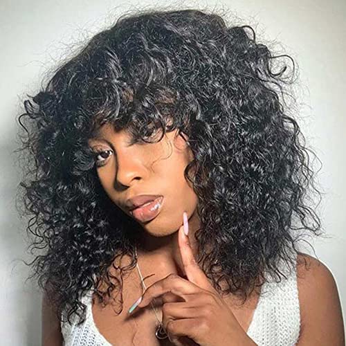 Jerry Curly Human Hair Wigs With Bangs 200% Density Virgin Human Hair Glueless Scalp Base Top Full Machine Made Wig For Black Women Brazilian Curly Wigs Natural Color 16 Inch