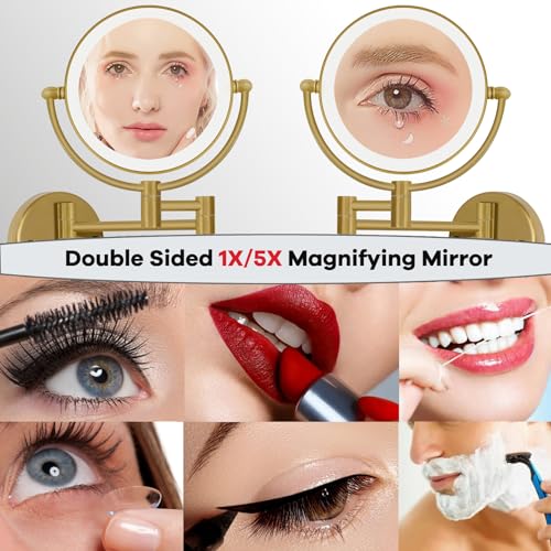 Hardwired Lighted Magnifying Makeup Mirror Wall Mount Gold, 1/5X Double Sided Vanity Mirror Bathroom, Touch Dimming, 360 Rotation Extension Arm Shaving Light up Mirror, Brushed Moderne Brass