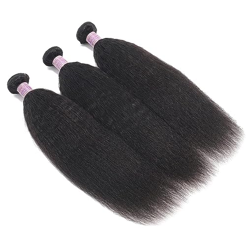 Kinky Straight Human Hair 3Bundles Natural Black Yaki Straigh Brazilian Virgin Remy Hair Grade 10A 100% Unprocessed Kinky Straight Human Hair Extensions (18 20 22 Inch, 3 Bundles)