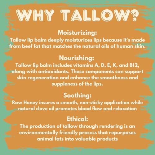 Tallow Lip Balm with Grass-fed and Finished Tallow, Organic Beeswax, Raw Organic Honey and Natural Clove Oil - Handmade With Only 4 Ingredients To Lock In Soothing Moisture (Honey & Clove) - 2 Pack