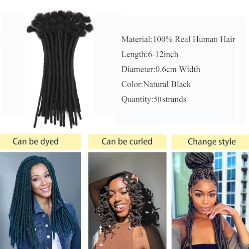 0.6cm Loc Extensions Human Hair 8Inch 50 Strands Dread Extensions Human Hair for Men DreadsNatural Black£¨1b,8inch£©