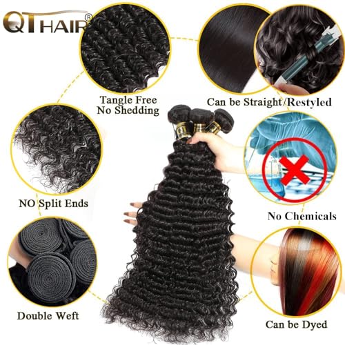 QTHAIR 16A Deep Wave Bundles 4 Bundles Human hair Brazilian Hair Deep Wave Bundles 100% Unprocessed Virgin Deep Curly Wavy Human Hair for Black Women (14 16 18 20Inch) Hair Extensions