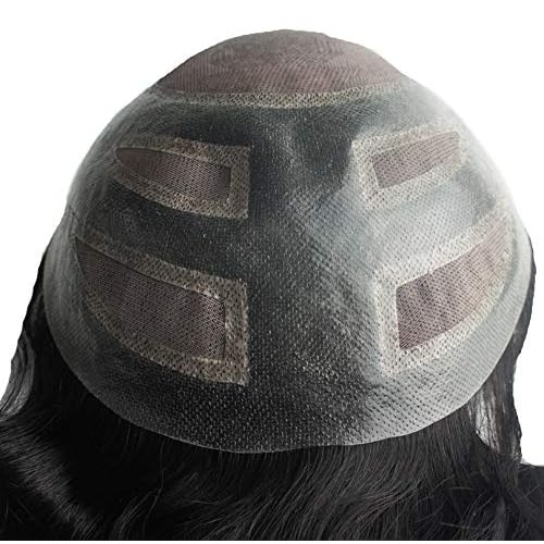 Toupee for Men 8X10 Men Straight Hair Pieces Mens FPM Toupee Hair Replacement System 100% European Real Human Lace Hairsystem Fine Lace Front and top with PU #1 Jet Black