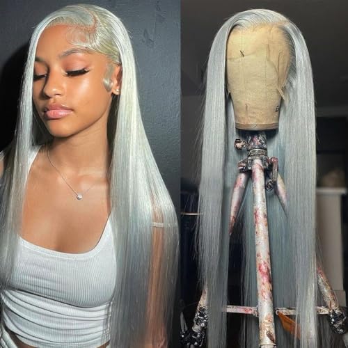 Long Gray Synthetic Lace Front Wigs Glueless Pre Plucked Heat Resistant Fiber Hair Straight Lace Front Wigs for Black Women 13 * 6 Frontal Lace Wigs