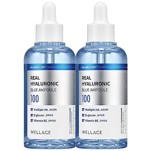 WELLAGE Real Hyaluronic Blue Ampoule 100, Value Review Korean Skincare, Fragrance Free Hyaluronic Acid Serum with Panthenol, Wild yam, Centella, Deep Hydration, Firming, Plumping, Non-Sticky 2 Pack