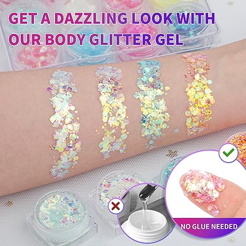 LATIBELL Glow in The Dark Body Face Glitter Gel for Women, 12 Colors Makeup Chunky Fine Glitter, UV Black Light Body/Face/Hair/Eyeshadow, Carnival Party(Not Loose Glitter)