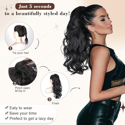 AISI BEAUTY Dark Brown Ponytail Extension, 20 inch Long Wavy Curly Claw Clip Ponytail Hair Extensions, Natural Synthetic Hairpiece for Women Daily Wear