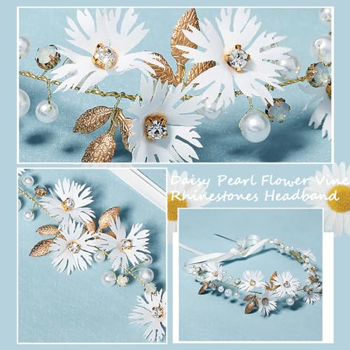 2 PCS Daisy Pearl Flower Vine Rhinestones Headband, Flower Headband Floral Hair Wreath Headpiece for Bridal Women Girls Hippie Wedding Party