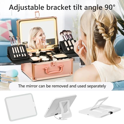 Makeup Case with Lighted Mirror, Makeup Box Organizer with Detachable LED Mirror, Travel Makeup Train Case, Waterproof Cosmetic Organizer, Standing Brush Holder, Gift, Rose Gold