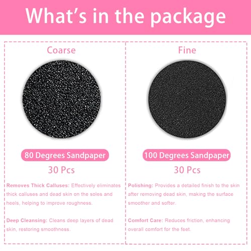 60 Pcs Sandpaper Set 1.7'' x 1.7'' for Electric Foot Callus Remover,Pedicure Disc,Sander Discs Replace Set - 1 Box (30 Fine Grit and 30 Coarse Grit)