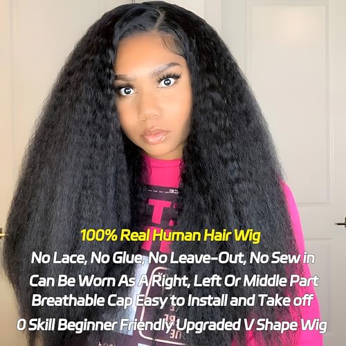 V Part Wig Human Hair Kinky Straight Vpart Human Hair Wig 16 Inch Upgrade U Part Wig Yaki Straight Clip in Half Wigs for Black Women Glueless No Leave Out 180% Density Natural Color