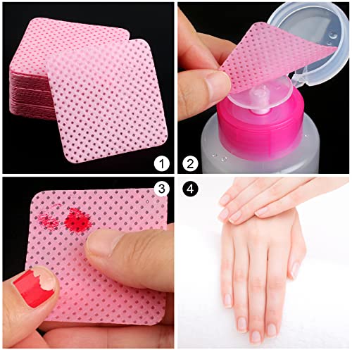 400 Pieces Nail Cotton Pads,1 Pull-Down Pump Dispenser Bottle,Super Absorbent Soft Non-Woven Eyelash Glue Wipes,Nail Polish dehumidifier for Eyelash Extension Products and Nail Oil Bottle(Pink White)