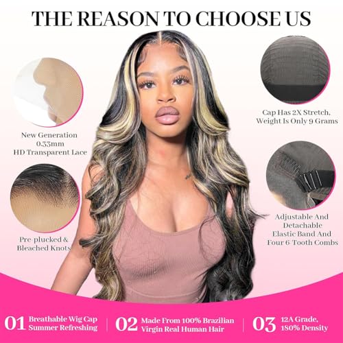 28 Inch 1b/27 Ombre 13x6 Body Wave Lace Front Wigs Human Hair HD Lace 180 Density Glueless Wigs Pre Plucked with Baby Hair