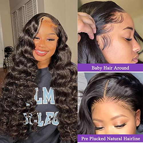 Lace Front Wigs for Black Women Human Hair Body Wave 28 Inch 13x4 Glueless Lace Front Wigs Body Wave Lace Frontal Wigs Human Hair HD Lace Pre Plucked with Baby Hair Brazilian Wigs Virgin Human Hair 180% Denisty Natural Color
