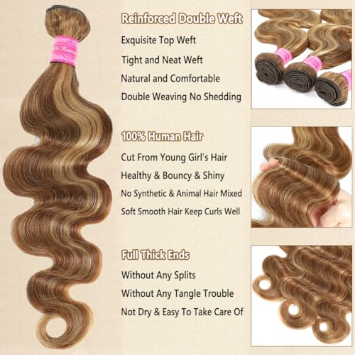 Seekomi Ombre Highlight Body Wave Bundles Human Hair 18 20 22 Inch 12A 100% Virgin 4/27 Colored Brown and Blonde 3 Bundles Human Hair Double Weft Quick Weave for Women, 300g