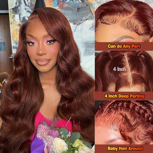 Long Reddish Brown Wig Human Hair 13x4 HD Transparent Lace Front Wigs 200% Density Glueless Wgs Pre Plucked with Baby Hair Auburn Red Colored Lace Frontal Wigs for Women 30 Inch.