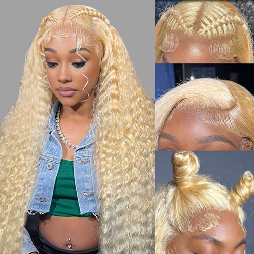 ELISHEVA 613 13x6 Lace Front Wig Human Hair 28 Inch Blonde Wig Human Hair 613 Deep Wave HD Blonde Lace Front Wigs 200% Density Free Part 613 Wig Deep Wave Pre Plucked with Baby Hair