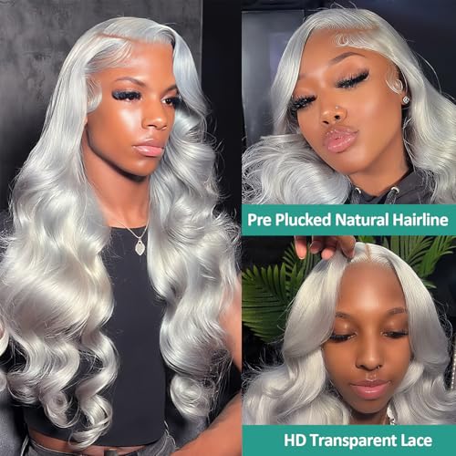 13x6 Grey Lace Front Wigs Human Hair Body Wave Gray Wigs Human Hair Pre Plucked with Baby Hair 200 Density Glueless Brazilian Virgin Grey Lace Frontal Wigs for Women 26 Inch
