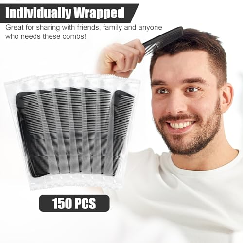 NICEMOVIC Combs Bulk for Men 150 Pack, Homeless Supplies Bulk, Beard Hair Wide Fine Tooth Mens Barber Pocket Small Mini Disposable Comb Set Individually Wrapped for Travel Hotel Home Shelter (Black)