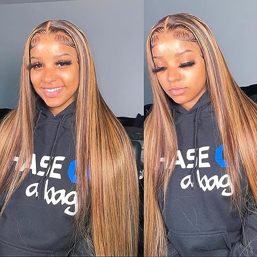 Lemoda Outlet Deals 13x6 Highlight Ombre Lace Front Wig Human Hair 180 Density 28 Inch Straight Transparent Lace Pre Plucked Honey Blonde Human Hair Wigs for Women P4/27 Color