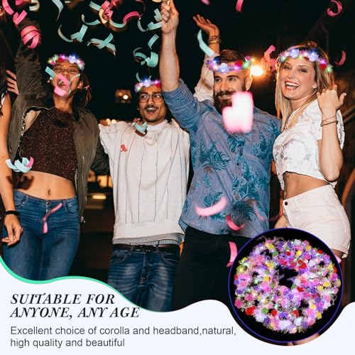 Syhood 40 Pcs LED Flower Headband, Light up Flower Crown Garland Headdress Floral Headpiece for Women Hair Accessories Bridal Shower Holiday Birthday Wedding Party(Rose Style)