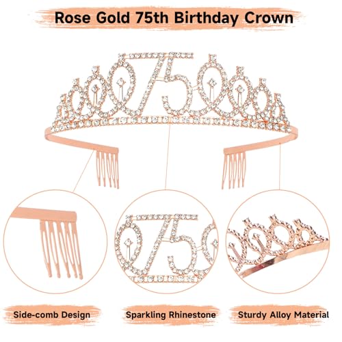75th Birthday Sash and Crown for Women Rose Gold 75th Birthday Tiara and Sash Set Gifts for Her 75 & Fabulous Sash Birthday Decorations Happy Birthday Crown and Sash Accessories Birthday Gift