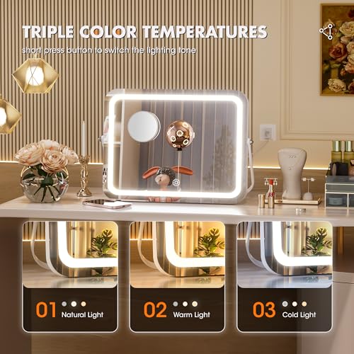 Hasipu Vanity Mirror with Lights, 16" x 12" LED Makeup Mirror, 3 Modes Light, Smart Touch Control Dimmable, 360¡ÆRotation, Rectangle White Frame, with 5X Magnifying Glass